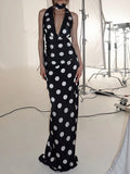 Daiiibabyyy  Sexy Halter With Scarf Top & Skirt Outfit Elegant Sleeveless Waist Slim Long Skirt Set Women Fashion Dot Print Backless 2Pc Suit