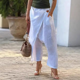 Daiiibabyyy  Women's Baggy Pants Cotton Linen Harem Trousers High Waist Wide Leg Pants Wrap Front Cropped Solid Color White Olive Green Pants