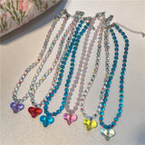 Daiiibabyyy  New Colorful Bead Necklace Sweet Cute Girlish Style Transparent Heart-Shaped Collarbone Chain Novel Necklace Women's Jewelry