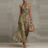Daiiibabyyy  Elegant Off Shoulder Pleated Maxi Dress Temperament Lady Hollow Out Dress Vintage Floral Printed Sleeveless Halter Chiffon Dress