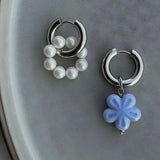 Daiiibabyyy  Vintage Personality Imitation Pearl Blue Color Ceramic Flower Pendant Earrings for Women Asymmetric Two Wears Wedding Jewerly