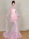 Daiiibabyyy  Pink Long Wedding Dresses Women Tulle Flowers Strapless Pleat Mermaid Formal Prom Party Dance Bridal Evening Dresses