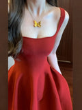 DAIIIBABYYY  -  French Style Hot Girl Red Halter Neck Dress Women's Spring Pure Sexy Slim-fit Square Collar A-line Dress Fashion Female Clothes