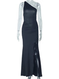 DAIIIBABYYY  -  Solid Slimming Backless Evening Dresses for Women Diagonal Collar One Shoulder Sleeve High Waist Elegant Dress Female New