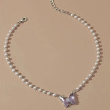 DAIIIBABYYY  -  Y2K Glass Butterfly Pendant Pearl Beads Necklace for Women Korean Fashion Kpop Rhinestone Clavicle Choker Jewelry