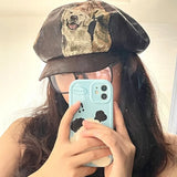 DAIIIBABYYY  -  Japanese Y2K Big Head PU Cat and Dog Pattern Cloud Hat Spring and Autumn Corduroy Retro Splicing Octagonal Cap for Men and Women