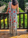 Daiiibabyyy  Lady Sexy Sleeveless Hight Waist Bohe Dress Fashion Tassel Decorative Long Dress Elegant Print Scarf Collar Backless Party Dress