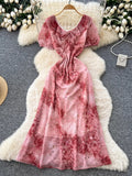 Daiiibabyyy  Woman Vintage Print Dress Doll Collar Bandage Fashion Elegant Vestidos Korean A-Line Puff Sleeve Dresses Vestidos De Mujer