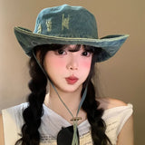 DAIIIBABYYY  -  Japanese High Quality Spring and Autumn Sunshade Bucket Hat Men and Women Big Head Outdoor Big Brim Windproof Lace-up Denim Cap