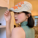 DAIIIBABYYY  -  Japanese Retro Star Literary Duck Bill Forward Hat Spring and Autumn Men's and Women's Outdoor Denim Short Brim Painter Hat
