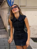 Daiiibabyyy  Lapel Short Sleeve Denim Bodycon Mini Dress Women Street Waist Cinching Hip Package Zipper Cocktail Evening Dresses New Clubwear