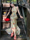 Daiiibabyyy  Vintage Printing Halter Dress Women's Clothing Sleeveless Slim Fit Temperament Vestidos High Waist Fashion Sweet Maxi Dress
