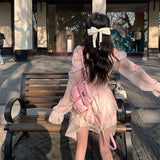 DAIIIBABYYY  -  Korean Print Ruffles Pink Mini Dress Slim Wasit Fairy Puff Sleeve Ball-Gown Square-Collar Vestidos 2025 Summer Chic New Clothes