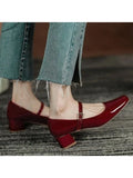 DAIIIBABYYY  -  New Women Red Black Mary Janes Shoes Lady High Quality Leather Low Heel Dress Shoes Square Toe Shallow Buckle Strap Shoes Female