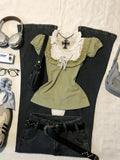 Daiiibabyyy  American Retro Spicy Girl Y2k Versatile Green Lace Bow Mushroom Edge Slimming Patchwork Short Sleeved Top T-shirt