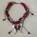 Daiiibabyyy  Gothic Exaggerated Large Butterfly Pendant Choker Cross Star Red Bead Necklace For Women Halloween Grunge Jewelry Accessories