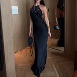 Daiiibabyyy  Elegant Halter Sleeveless Evening Long Dress Women's Sexy Backless Solid Satin Party Dress Fashion Hollow Out Summer Maxi Dress