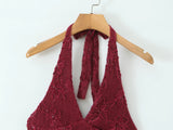 Daiiibabyyy  Sexy Wine red Mesh Flocking Sequins Tie Bow Halter V Collar Backless Dress Women Backless A-line mini Dresses Femme Vestidos