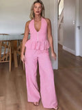 Daiiibabyyy  Striped Textured Halter Peplum Pant Set Ruffle hem Sleeveless Summer Glam Women Two Piece Outfit Trendy Casual Lady Suit