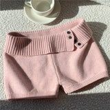 Daiiibabyyy  Women's Knit Crochet Micro Shorts Casual Slim Fit Stylish Decorative Button Ribbed Trim Foldover Mid Rise Shorts Y2K Streetwear