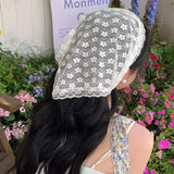 Daiiibabyyy  Summer Flower White Sweet Triangle Scarf Thin Breathable Ribbon Lace Flower Elegant Korean Ins Lace Artistic Style Travel Photo