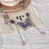 Daiiibabyyy  Purple Necklace for Women Crystal Butterfly Tassels Fashion Punk Style Jewelry Sweet Vintage Collares Para Mujer