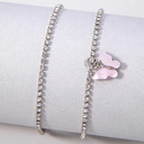 Daiiibabyyy Exquisite Crystal Butterfly Pendant Anklet for Women Sparkling Double Layer Rhinestone Feet Chain Accessory Fashion Jewelry Gift