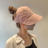Daiiibabyyy Foldable Wide Brim Ponytail Sun Hat Drawstring Adjustable Cap  Summer Quick-dry Visor Fisherman CapFor Women Beach Hat