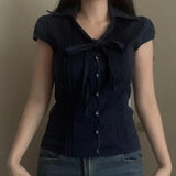 Daiiibabyyy  French Retro Vintage Temperament Navy Blue Lace Up Button T-shirt Slim Fit Slimming Top Women