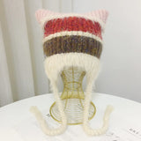 Daiiibabyyy  Cat Ear Contrast Stripe Handmade Crochet Plush Hat Children's cute ear protection warm imitation mink wool cap in winter