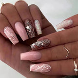 Daiiibabyyy 24Pcs Glitter Pink False Nails with Glue Long Ballet Full Cover Fake Nail Tips Ripple Design Detachable Coffin Press on Nails