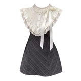 Daiiibabyyy  French Vintage Plaid Fake Two-Piece Dress Women Summer New Lace Splicing Elegant Sleeveless Short Skirt Geometric Pattern Pol...
