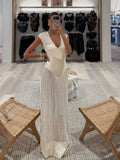 Daiiibabyyy  V Neck Cover Up Dress Knitting Solid Knitting Dress Women Sleeveless Long Dress Summer Chic Casual Beach Women Clothing