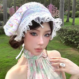 Daiiibabyyy  Niche Color Dot Knitted Rabbit Ear Bow Strap Hat Women's Summer Y2k Lace Headscarf Hat Headband