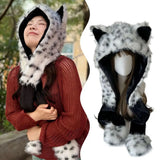 Daiiibabyyy  Fashion Animal Shape Scarf Hat Leopard Print Faux Fur Winter Warm Shawls Hooded Caps Fluffy Plush outdoor warm Ski Hat Gorras