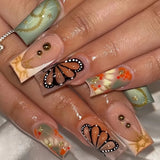 Daiiibabyyy  24PCS Elegant Medium Square False Nails Colorful Butterfly Patterns French with Diamonds Fake Nails for Women Wearable Press On