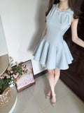 Daiiibabyyy  French Elegant Coquette Mini Dress Women Pearl Beaded Bow Decor Summer Slim Fit Bodycon Ruffled Hem Party Date Night Outfit