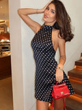 Daiiibabyyy  Chic Backless Polka Dot Halter Dress Women Sleeveless Off Shoulder Lace Up Slim Short Dresses Lady New Daily Party Vestidos