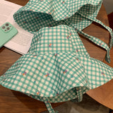 Daiiibabyyy Korean Version Mint Mambo Green Plaid Summer Caps for Women Outdoor Travel Big Brim Sun Protection Versatile Straps Bucket Hat