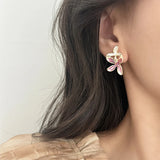 Daiiibabyyy  Tibetan Silver Gold Plated Enamel Flower Plant Stud Earring for Women Cute Fashion Jewelry Light Luxury Accessories
