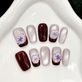 Daiiibabyyy  10pcs Gentle Purple Ice Flower Press On Nails Glass Bead Cat's Eye Wine-red French Style Handmade False Nails DIY Fake Nail Tips