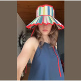 Daiiibabyyy  Plaid Print Ruffle Wide Brim Bucket Hat Foldable Sun Protection Loose Fit Summer Women Straw Hat Casual Chic Lady Sombrero
