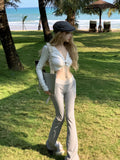 DAIIIBABYYY  -  American Hot Girl Hollow V-neck T-shirt for Women's Spring Long-sleeved Grey Slim Fit Sexy Short Top Fashion Female Clothes