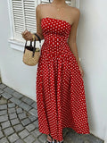 Daiiibabyyy  Elegant strapless waist cinching slimming dress with polka dot sexy off shoulder spring/summer new A-line skirt