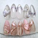 Daiiibabyyy  24Pcs Mid-length Almond Fake Nails Cat's Eye Black Cat Bow Press on False Nails Heart Rhinestone Reusable Full Cover Nails Tips