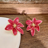 Daiiibabyyy  Vintage Dark Red Enamel Flower Stud Earrings European and American Vacation Style Sweet Floral Jewelry For Women