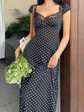 Daiiibabyyy  Black White Polka Dot Lace Trim Heart Neck Puff Sleeve Ruched Waist A-Line Midi Dress