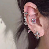 Daiiibabyyy  1Pcs Pink Zircon Heart Bowknot Chain Ear Bone Nail For Women Girls Sweet Cute Silver Color Piercing Earrings Y2K Jewelry