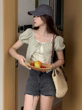 Daiiibabyyy  Fake Two Pieces Woman All Match T Shirts Korean Slash Neck Puff Sleeve Tunic Tees Korean Casual Fashion Summer Bandage T-shirts