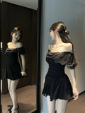 Daiiibabyyy  Ruffled One-length Necklace Spliced A-line Dress with Pleated Waist Design Sweet